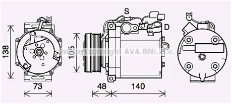 AVA MITSUBISHI Компресор кондиціонера GRANDIS 2.0 DI-D 05-, LANCER VIII 1.8, 2.0 07-OUTLANDER II 2.0 DI-D 07-, 2.4 06-, CITROEN, PEUGEOT AVA COOLING MTAK263