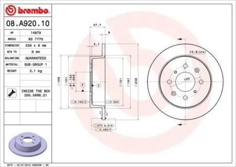 Тормозной диск BREMBO 08.A920.10