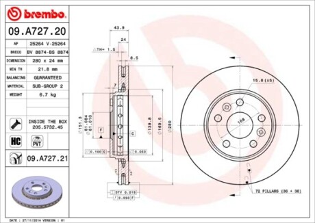 Тормозной диск BREMBO 09.A727.21