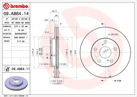 Диск тормозной BREMBO 09.A864.14