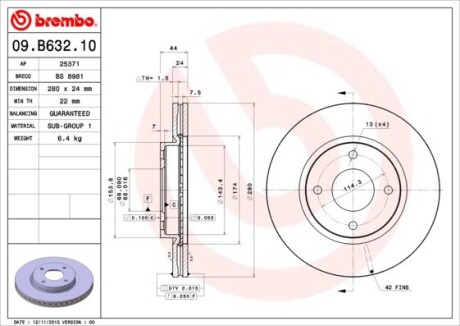 Диск тормозной NISSAN TIIDA 1.5-1.8 07-, CUBE 1.5 1.6 2010 - передн. (выр-во) BREMBO 09.B632.10