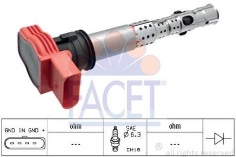 Катушка зажигания Audi A4/A5/A6/A7/A8/Q5/Q7 / VW Touareg 2.0-5.2 i/FSI/TFSI 02-> FACET 9.6327