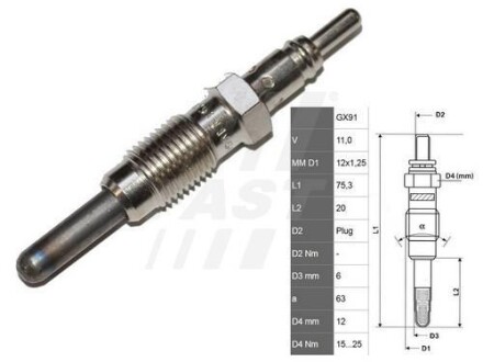 Свеча накаливания FIAT DOBLO 00-09, Punto 03-10, Palio 01-05, DOBLO (119) 01-, DOBLO Cargo (223) 0 FAST FT82728