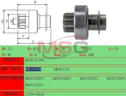 Бендикс стартера Z = 8 x 8, L = 55, D = 28 Kia Mazda Mitsubishi Nissan Suzuki GHIBAUDI 1678