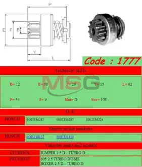 Бендикс стартера Z = 9 x 10, L = 62, D = 29 Citroen Jumper Peugeot 2.4-2.6 D/TD GHIBAUDI 1777