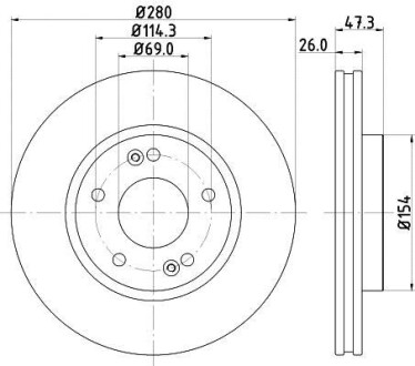 Тормозной диск перед. Ceed/Carens III/Magentis/Sportage/Tucson 04- (280x26) HELLA 8DD355120-141