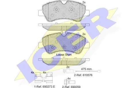 Колодки гальмівні (задні) Ford Transit V363 13-/Transit Custom V362 12- (спарка) (з датчиками) ICER 142116-203