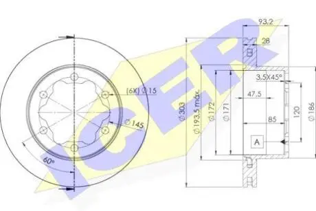 Диск гальмівний (задній) MB Sprinter 416/419/509-519CDI/VW Crafter 06- (303x28)(з покр.)(вентил.) ICER 78BD0192-1