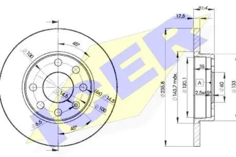 Диск гальмівний (передній) Opel Astra F 91-05/Corsa A/B 82-00/Kadett E 79-93 (236x12.5) (повний) ICER 78BD1240-2