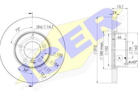 Диск гальмівний (передній) BMW 1 (F20/21) 11-/3 (E90-93/F30-31/F34) 05-/X1 09- (312x24)(з покр)(вент) ICER 78BD1972-2