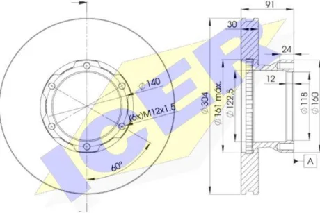 Диск гальмівний (передній) MB 609/Vario 512 16" (304х30) (вентильований) ICER 78BD4240-1