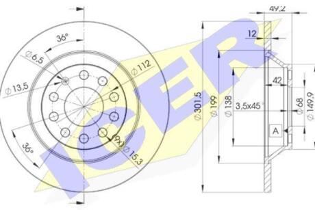 Диск гальмівний (задній) Audi A6 04-11 (301.15x12) (з покриттям) (повний) ICER 78BD5313-2