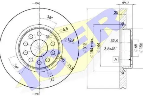 Диск гальмівний (передній) Audi A3/Skoda Octavia/SuperB/VW Passat B6/B8 03- (312x25) (з покр.)(вент.) ICER 78BD5618-2