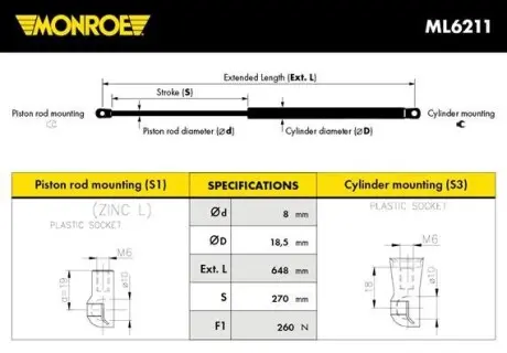 Демпфер двері багажника MONROE ML6211