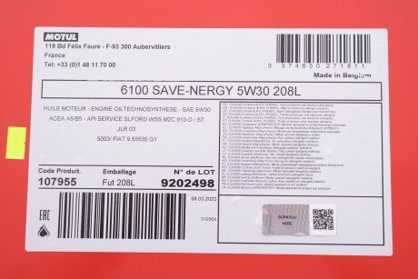 Масло 5W30 SAVE-nergy 6100 (208L) (WSS M2C 913D/STJLR.03.5003/9.55535-G1) 107955 MOTUL 812478