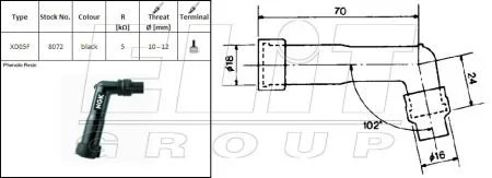 Трубка свічки запалювання, кут: 102°, довга, різьба: 10/12мм, з"єднання: гвинт, корпус: ебонітовий, колір трубки: чорн HONDA CB 1000/1000 (Pro Link)/1000F/1000K (Goldwing)/1000LTD (Goldwing)/1100 (Gol NGK XD05F