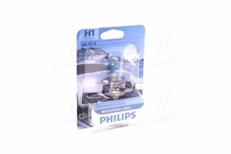 Лампа розжарювання H1 WhiteVision ultra 12V 55W P14,5s (+60) (3700K) blister PHILIPS 12258WVUB1