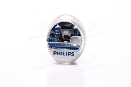 Лампа накаливания H4 12V 60/55W WhiteVision ULTRA +60 (4200K) (компл) (выр-во) PHILIPS 12342WVUSM