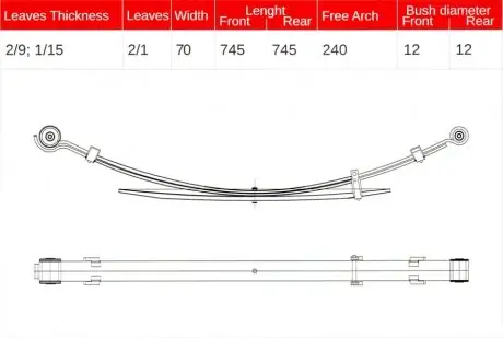 Ресора задня VW Amarok 2.0/3.0TDI 4motion 10- (к-кт 3 листа), (70/745/745), 2/9+1/15mm TES 2H0511151AC0019 Z/T