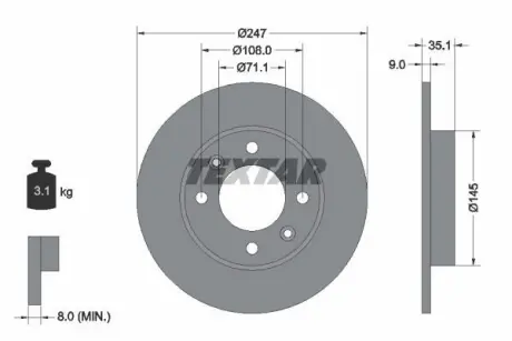 Диск гальмівний задн Лів/Прав CITROEN BERLINGO, BERLINGO/MINIVAN, C2, C2 ENTERPRISE, C3 I, C3 PLURIEL, C4, C4 I, XSARA PICASSO PEUGEOT 1007, 307, 307/KOMBI, PARTNER 1.1-2.0D 06.96- TEXTAR 92111703