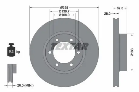 Диск гальмівний передн Лів/Прав (без маточини) LEXUS GX TOYOTA FORTUNER, HILUX VI, HILUX VII, LAND CRUISER 90, LAND CRUISER PRADO 2.4-4.6 08.97- TEXTAR 92137300