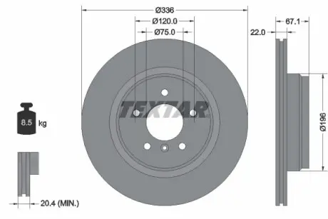 Диск гальмівний (задній) BMW 3 (E90/E91/E92) 2.5-3.0/2.0d 04-11 (336x22) PRO+ TEXTAR 92137905