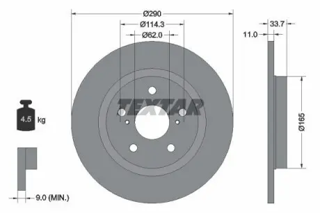 Диск тормозной (задний) Toyota Avensis 1.6-2.2 08-18 (290x11) TEXTAR 92195200