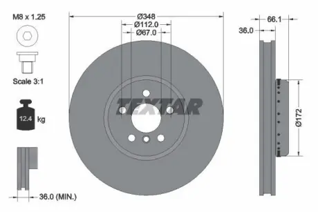 Диск гальмівний (передній) BMW 5 (G30/F90)/7 (G11/G12) 15- (348x36) (L) PRO+ TEXTAR 92288825