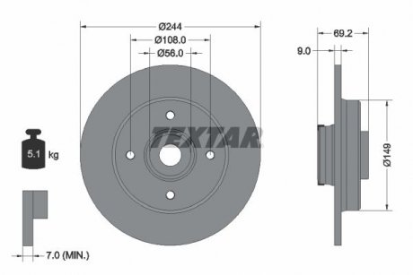 Диск тормозной (задний) Peugeot 2008 12-/Citroen C3 Aircross 10-/C4 Cactus 14-(244x9) (с подшипником) PRO TEXTAR 92305403