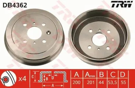 Гальмівний барабан CITROEN/PEUGEOT/TOYOTA C1/Aygo/107/108 \'\'05>> TRW DB4362
