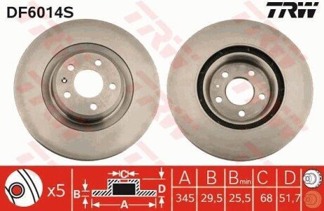 A_Диск гальмівний AUDI A4/A5/Q5 &quot;F &quot;D=345mm &quot;08&gt;&gt; TRW DF6014S (фото 1)