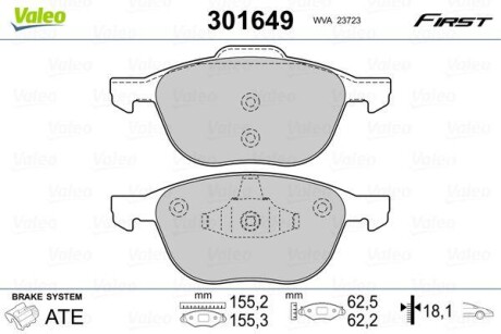 Гальмівні колодки дискові FORD/MAZDA/VOLVO Focus/Kuga/3/5/C30/C70/S40/V40/V50 "1,0-2,5 "F "03>> Valeo 301649 (фото 1)