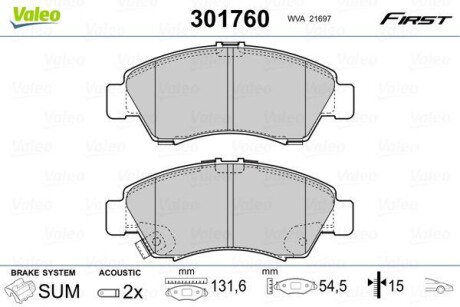 Гальмівні колодки дискові HONDA Civic/Jazz/Logo "1,2-1,6 "F "91-08 Valeo 301760