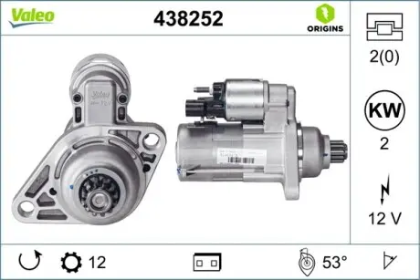 Стартер (12В, 2кВт, новий) AUDI A1, A3, Q2 SEAT ALTEA, ALTEA XL, ATECA, LEON, LEON SC, LEON ST SKODA FABIA II, KAROQ, OCTAVIA II, OCTAVIA III, ROOMSTER, ROOMSTER PRAKTIK VW BEETLE 1.4-2.0D 02.09- Valeo 438252
