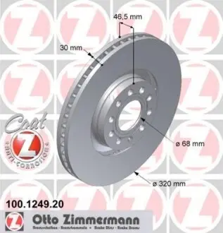 Диск тормозной (передний) Audi A4/A6 97-08 (320x30) (с покрытием) (вент.) ZIMMERMANN 100.1249.20