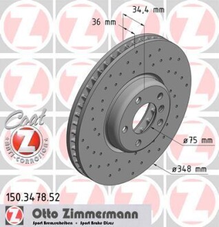 Диск тормозной (передний) BMW 5 (F10)/ 7 (F01/F0/F03/F04) 09- (L) (348x36) (с отверстием) (вент.) ZIMMERMANN 150.3478.52