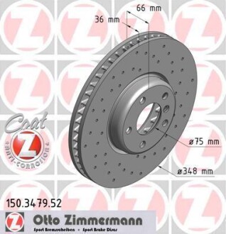 Диск гальмівний (передній) BMW 5 (F10)/ 7 (F01/F0/F03/F04) 09- (348x36) (R) (з отворами) (вент.) ZIMMERMANN 150.3479.52