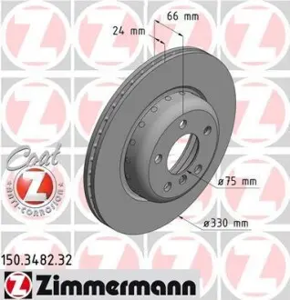 Диск тормозной (передний) BMW 5 (F10/F11) 10-(330x24) (с покрытием) (с отверстиями) (вентилированный) ZIMMERMANN 150.3482.32