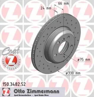 Диск тормозной (передний) BMW 5 (F10/F11) 10-(330x24) (с покрытием) (с отверстиями) (вентилированный) ZIMMERMANN 150.3482.52