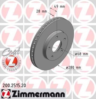 Диск тормозной (передний) Nissan Almera/Primera/X-Trail 01-13 (280x28) (с покрытием) (вентилированный) ZIMMERMANN 200.2515.20