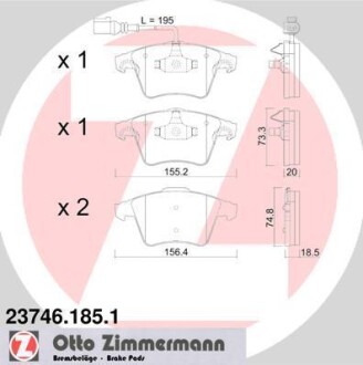 Колодки тормозные (передние) VW Multivan/T5 03-/T6 15- (Ate-Teves) (с датчиком) ZIMMERMANN 23746.185.1