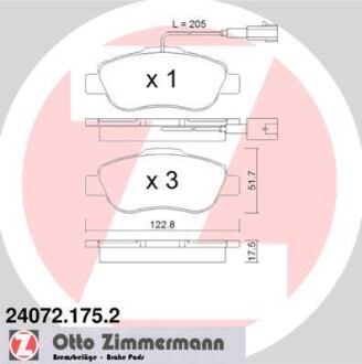 Колодки тормозные (передние) Fiat Panda 03-/500/500C 07-/Ford Ka II 08-16 (+датчик) ZIMMERMANN 24072.175.2 (фото 1)