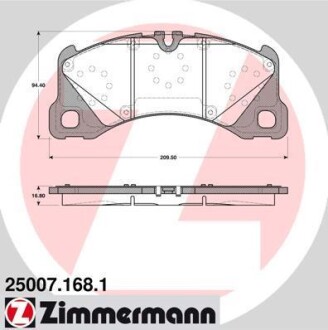 Колодки гальмівні (передні) Porsche Cayenne/Panamera/Macan/VW Touareg 09- (Brembo) (210x94x17) ZIMMERMANN 25007.168.1