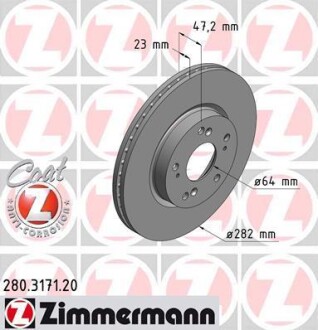 Диск тормозной (передний) Honda Civic 05-(282x23) (с покрытием) (вентилированный) ZIMMERMANN 280.3171.20