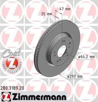 Диск тормозной (передний) Honda Civic IX R16 (293x25) (с покрытием) (вент) ZIMMERMANN 280.3189.20