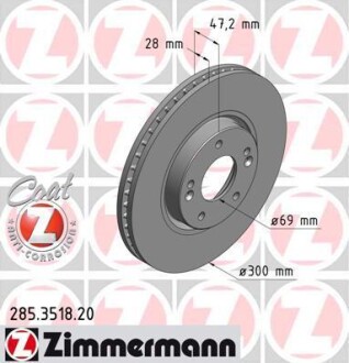 Диск тормозной (передний) Hyundai Sonata V 05-10/i40/Kia Sportage 10-(300x28) ZIMMERMANN 285.3518.20