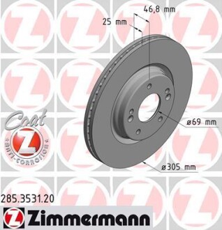 Диск тормозной (передний) Hyundai Tucson/ I30/ Kia Ceed/Sportage 15-(305x25) (с покрытием) (вент.) ZIMMERMANN 285.3531.20