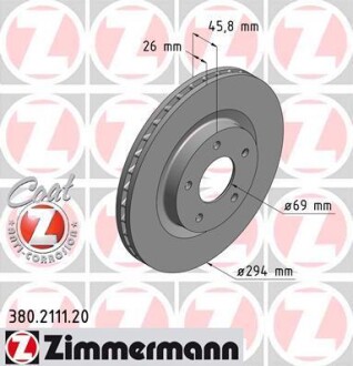 Диск тормозной (передний) Citroen C4/ Peugeot 4008 12-(294x26) (с покрытием) (вентил.) ZIMMERMANN 380.2111.20