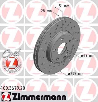 Диск тормозной (передний) MB A-class (W176)/B-class (W246/W242) 11- (295x28)(с покр)(вент)(с отверстиями) ZIMMERMANN 400.3679.20