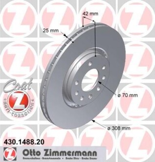 Диск тормозной (передний) Opel Astra G/H/Corsa E/Meriva 00- (308x25) ZIMMERMANN 430.1488.20